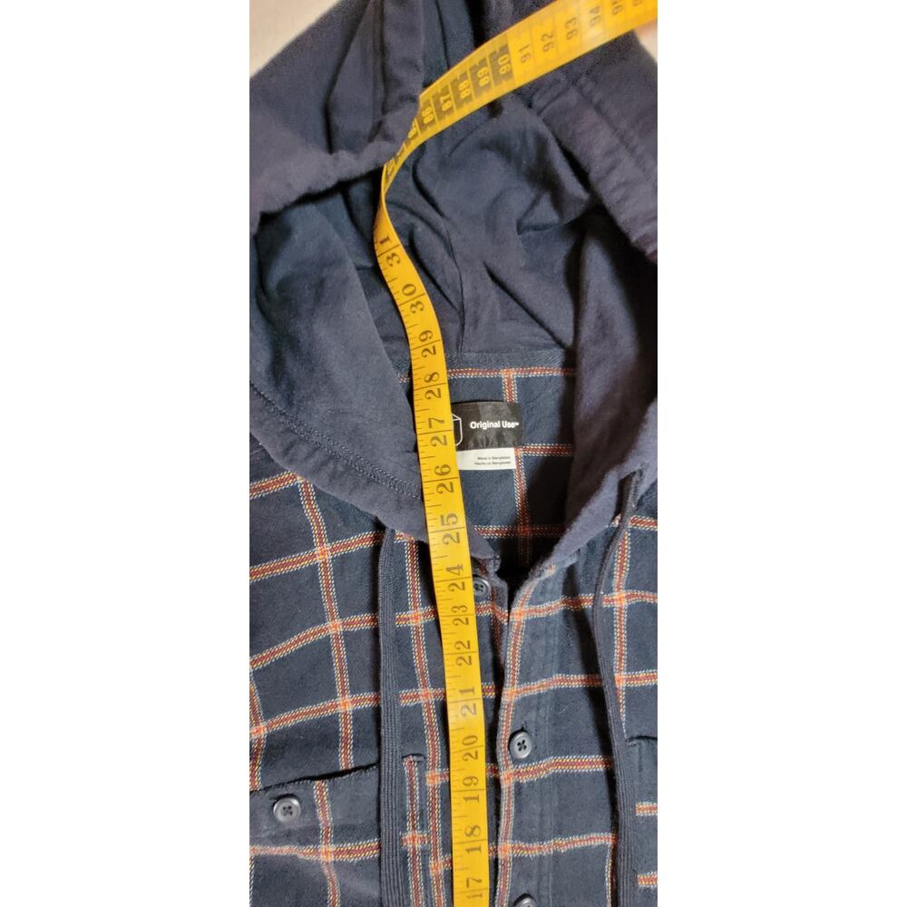 Original Use Mens Button Down Flannel Shirt L Hooded Shacket Navy Double Pockets - Picture 6 of 9